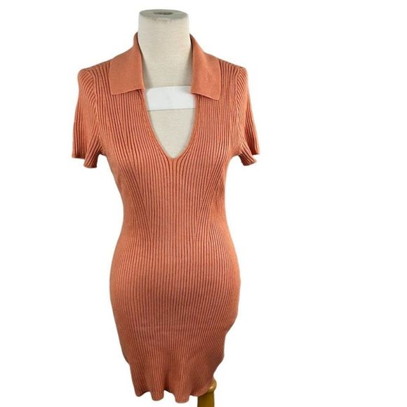 NWT ABERCROMBIE & FITCH V Orange Neck Ribbed Mini Dress (S) - Picture 1 of 8